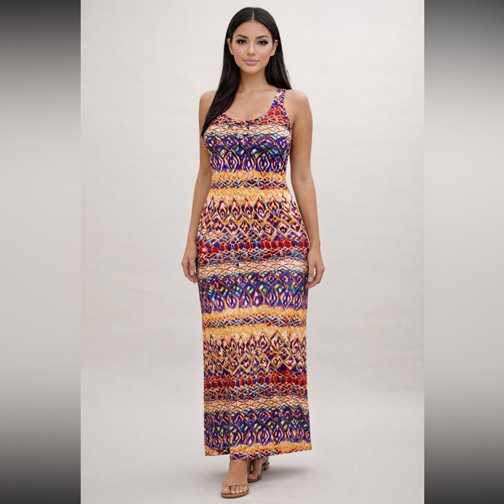 Vibrant Tribal Print Multicolor Maxi Dress